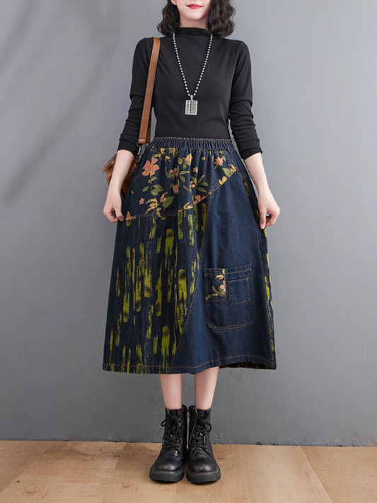 Women's Summer Comfy Printed Patchwork Denim Loose Bottom