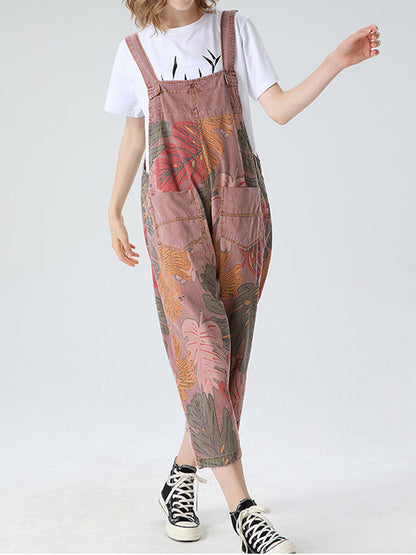 Tropical Leaf Cotton Dungarees -  Ankle-Length Overalls