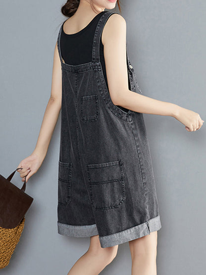 Oversized Utility Pocket Denim Romper Dungarees - Grey Wash