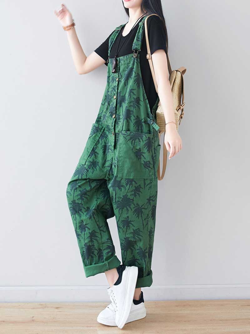 Palm Print Cotton Overalls - Adjustable Workwera | Eva Trends