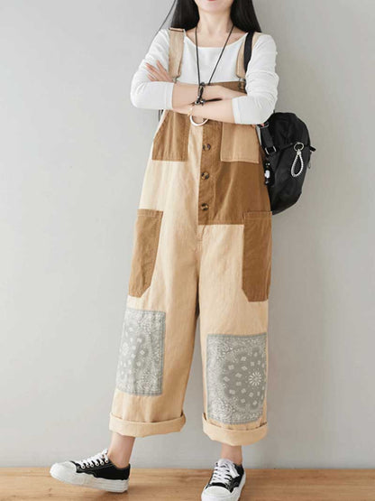 Button Front Denim Dungarees with Contrast Panel Details