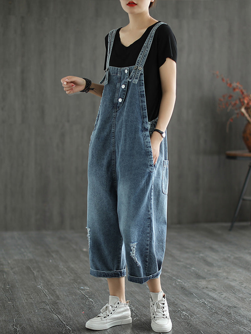 Floral Side Panel Denim Dungarees - Wide Leg Fit