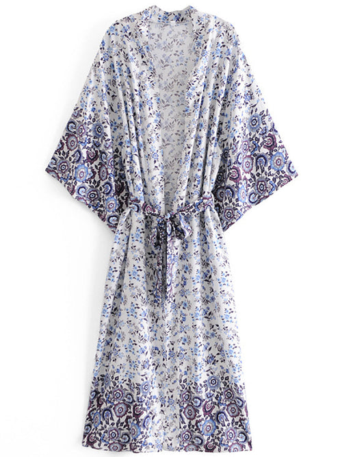 Nightwear Floral Print Green Color Cotton Long Length Gown Kimono Duster