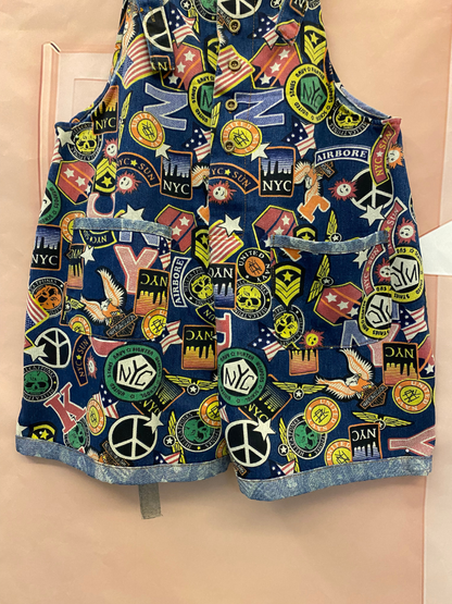 Graphic Print Short Dungarees - NYC Patchwork Denim Style