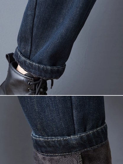 Artful Patchwork Denim Jogger Fleece-lined Jeans with Embroidery and Elastic Waist