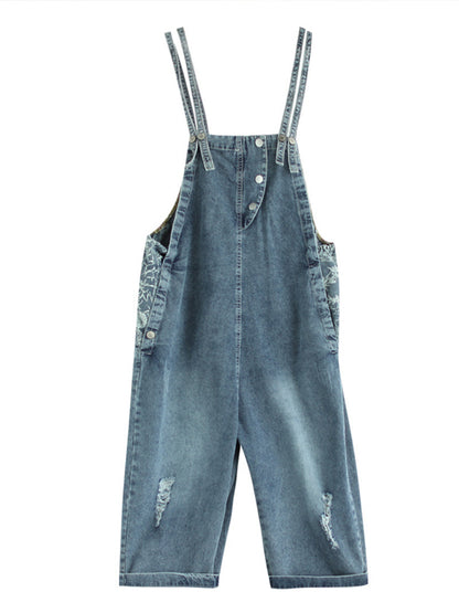 Floral Side Panel Denim Dungarees - Wide Leg Fit