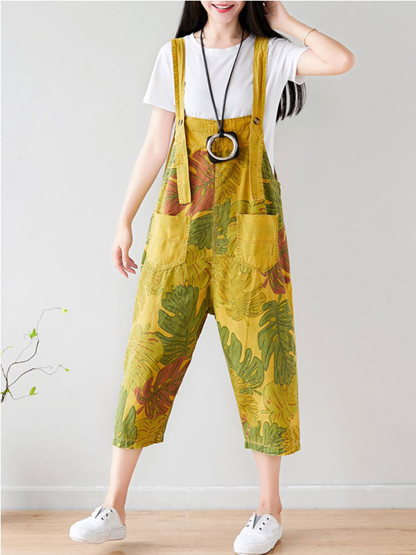 Tropical Leaf Print Cotton Overalls