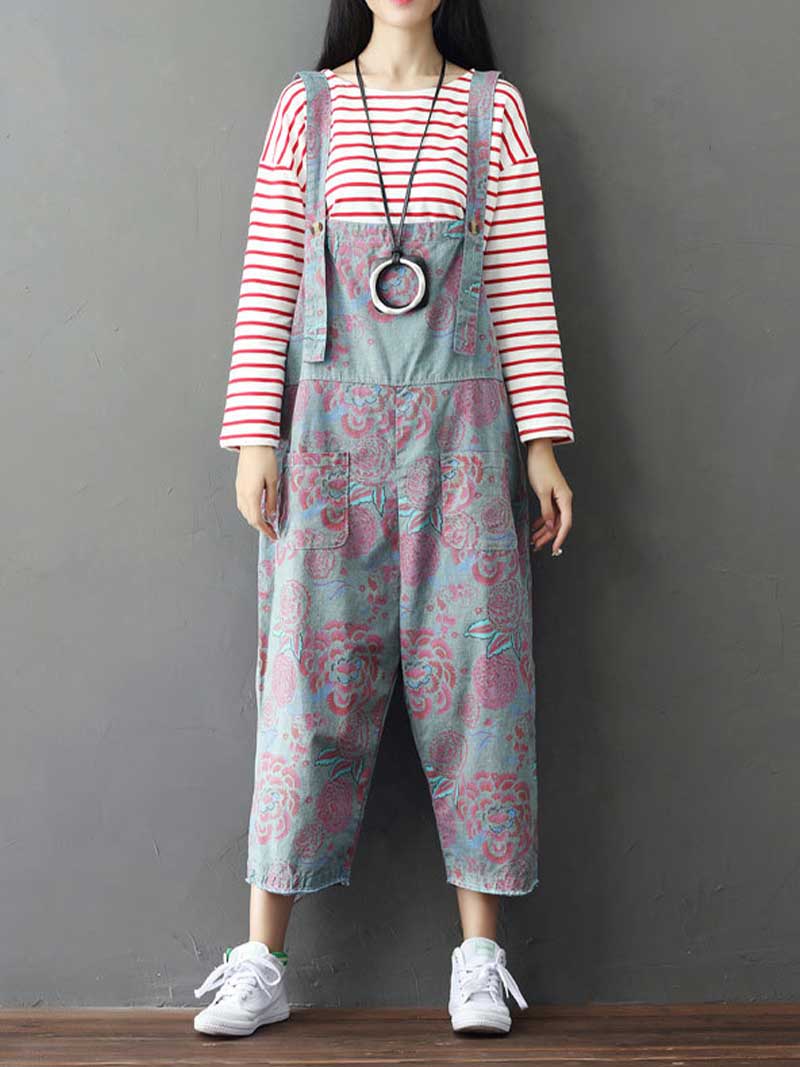 Floral Printed Denim Overalls - Casual Comfort | Eva Trends