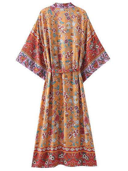 Plant Flowers Print Orange Color Cotton Long Length Gown Kimono Duster Robe