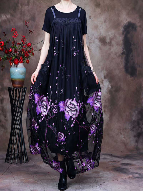 Women's Floral Lace Maxi Salopette Dress with Adjustable Straps