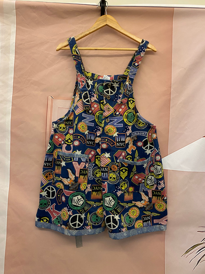Graphic Print Short Dungarees - NYC Patchwork Denim Style
