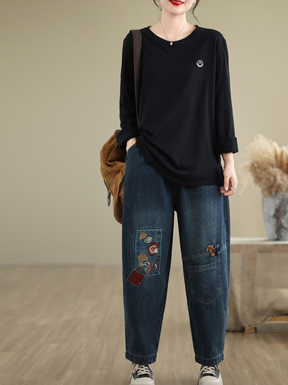 Women's Summer Trendy Embroidery Versatile Blue Bottoms