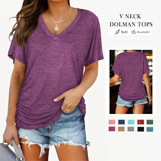 ‚ú®Womens Short Sleeve V Neck Dolman Tops with Side Shirring Loose Fit Shirts
