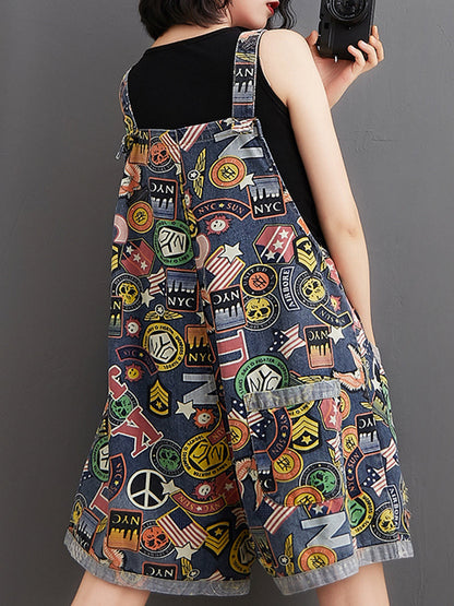 Graphic Print Short Dungarees - NYC Patchwork Denim Style