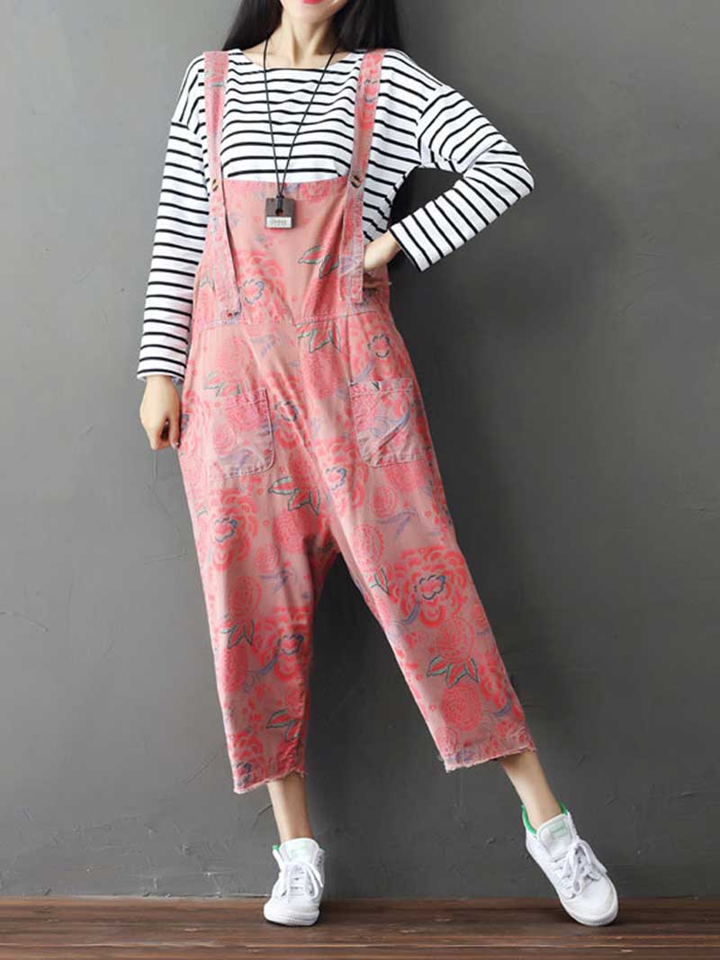 Floral Printed Denim Overalls - Casual Comfort | Eva Trends