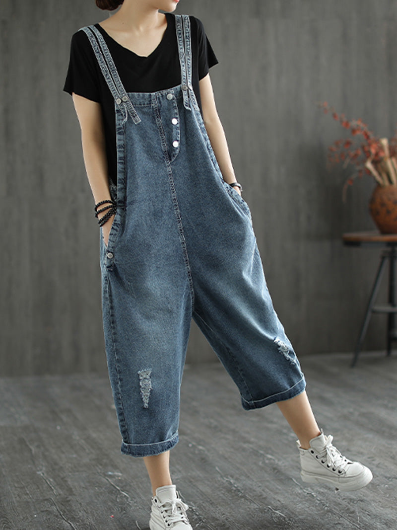Floral Side Panel Denim Dungarees - Wide Leg Fit