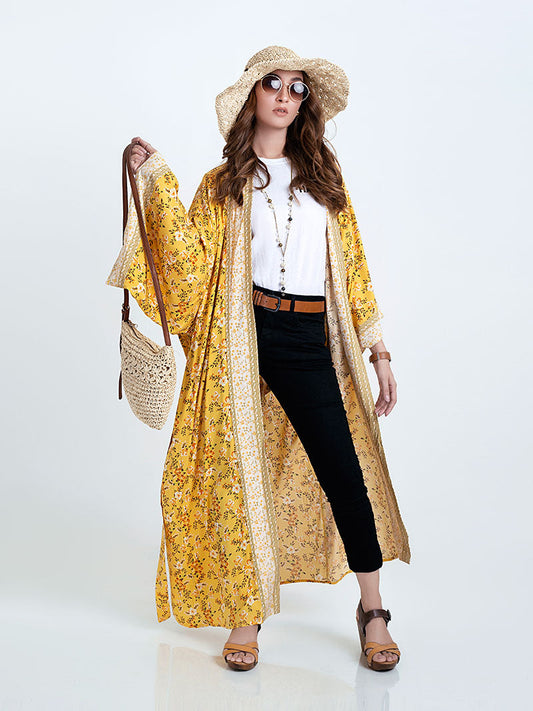 Bridal Party Wear Floral Print Yellow Color Cotton Long Length Gown Robe Kimono