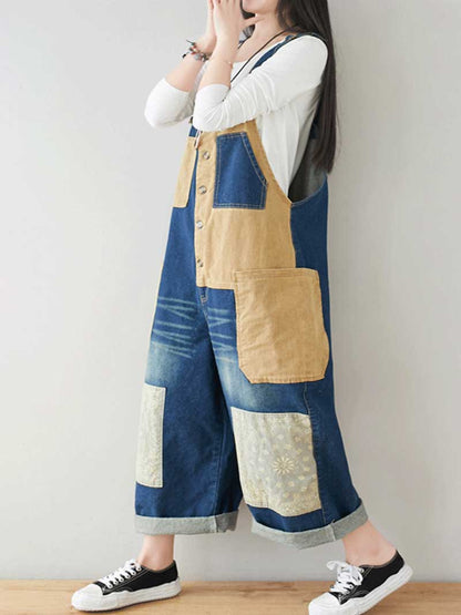 Button Front Denim Dungarees with Contrast Panel Details