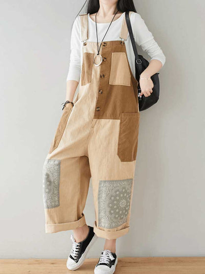 Button Front Denim Dungarees with Contrast Panel Details