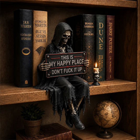 ‚ÄúThis Is My Happy Place‚Äù Skeleton Bookshelf Decor