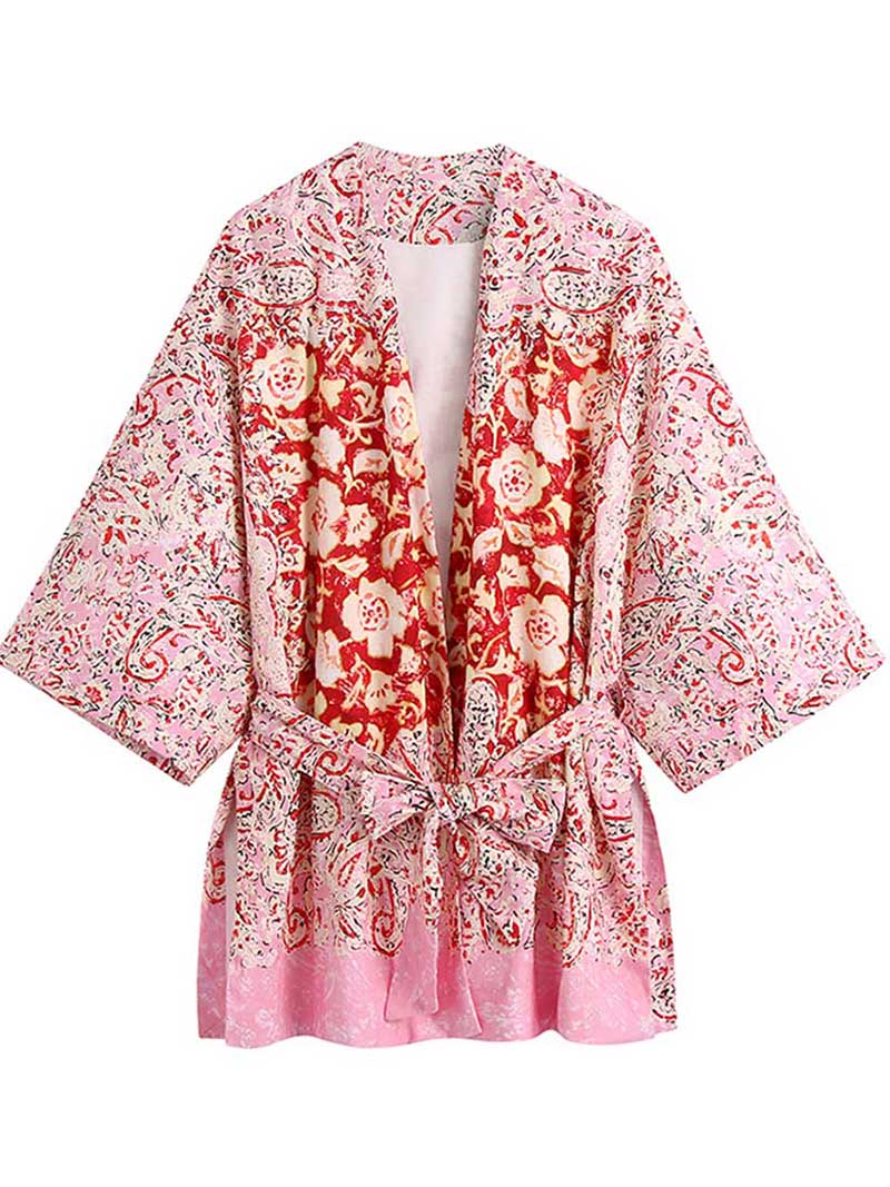 Short Length Polyester Floral Print Pink Color Gown Kimono Duster Robe