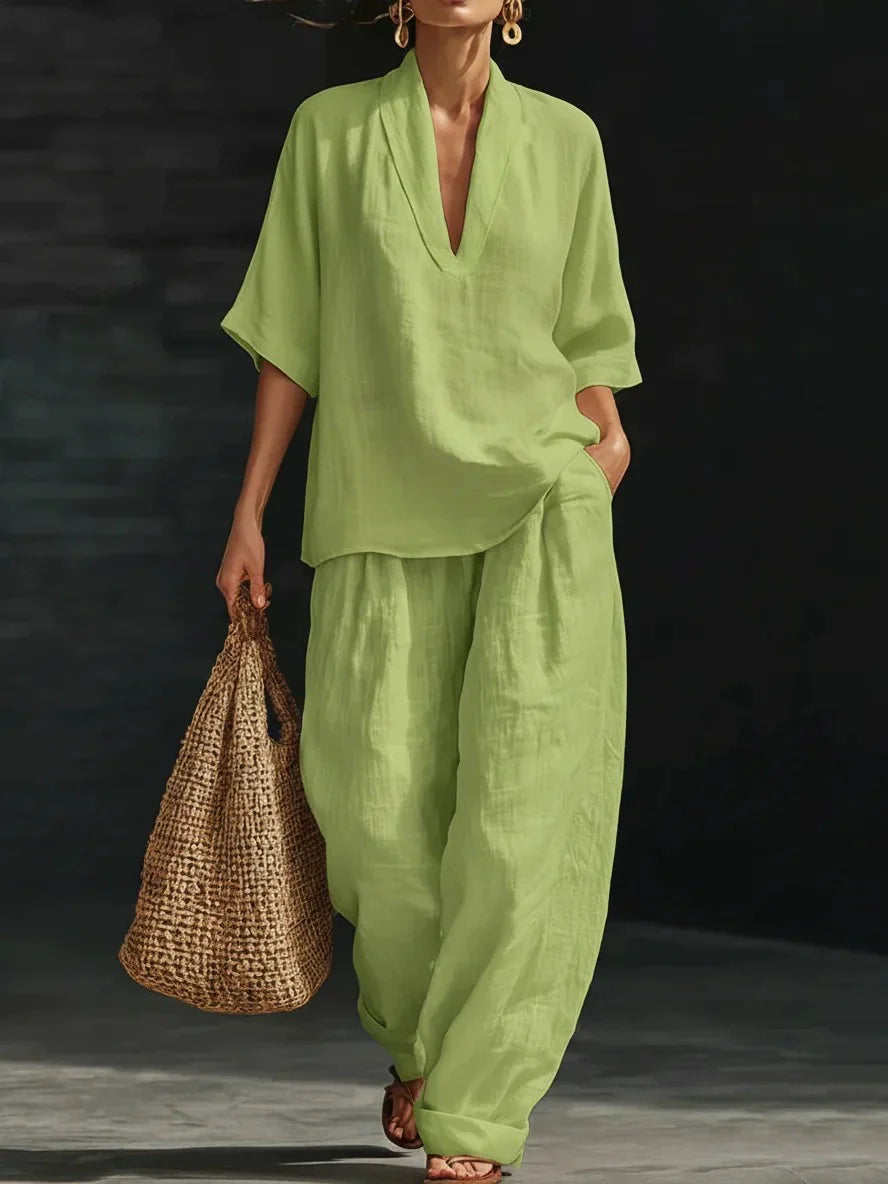 üì¢üì¢40% OFF !! ‚è∞Women's Casual V-Neck Top and Wide-Leg Trousers Setüëöüëñ