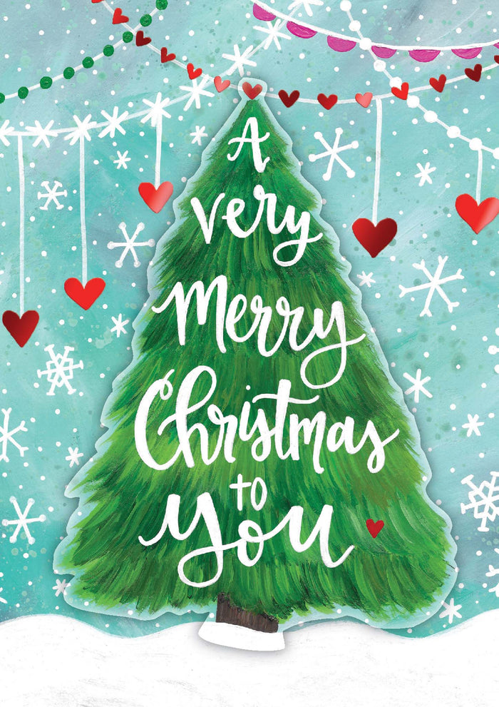 Christmas card with a green tree and 'A Very Merry Christmas to You' text on a snowy background.