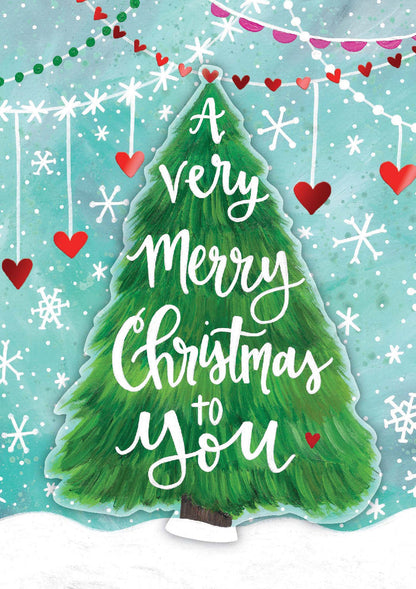 Christmas card with a green tree and 'A Very Merry Christmas to You' text on a snowy background.
