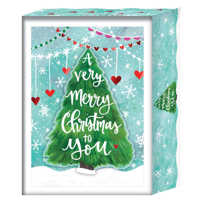 Christmas-themed decorative box with a tree and text on a blue background