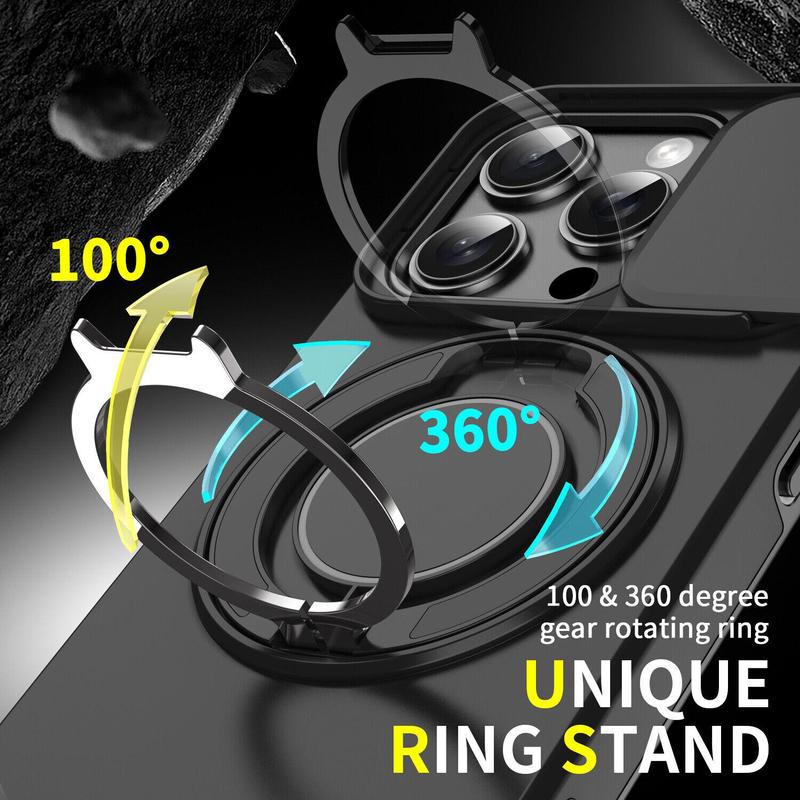 Case with Slide Camera Cover & Rotatable Ring Kickstand,  Grade Shockproof Protective Case for iPhone 11/12/13/14/15/16/17 Series