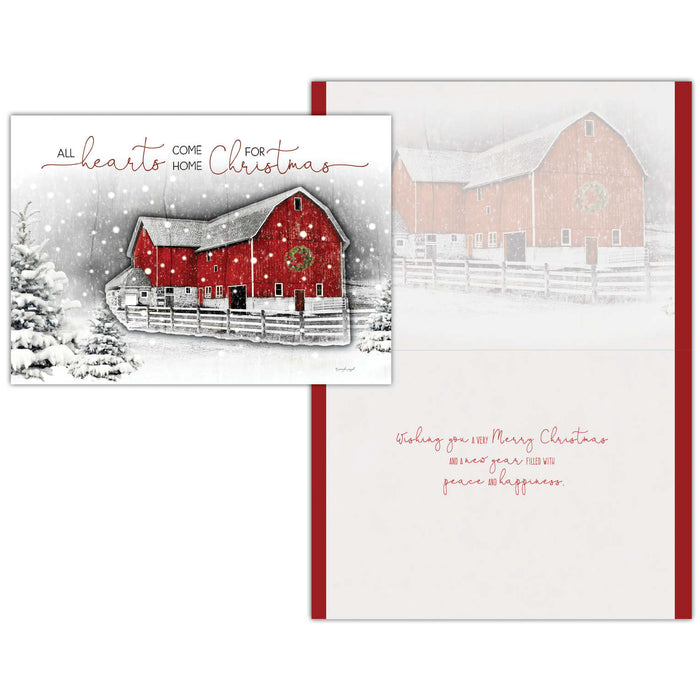 Christmas card with a red barn in a snowy landscape and text.