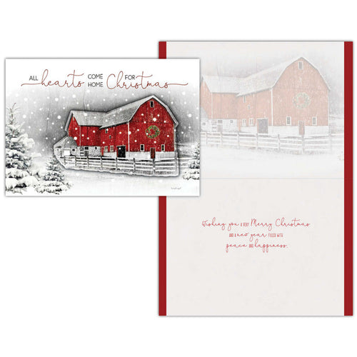 Christmas card with a red barn in a snowy landscape and text.
