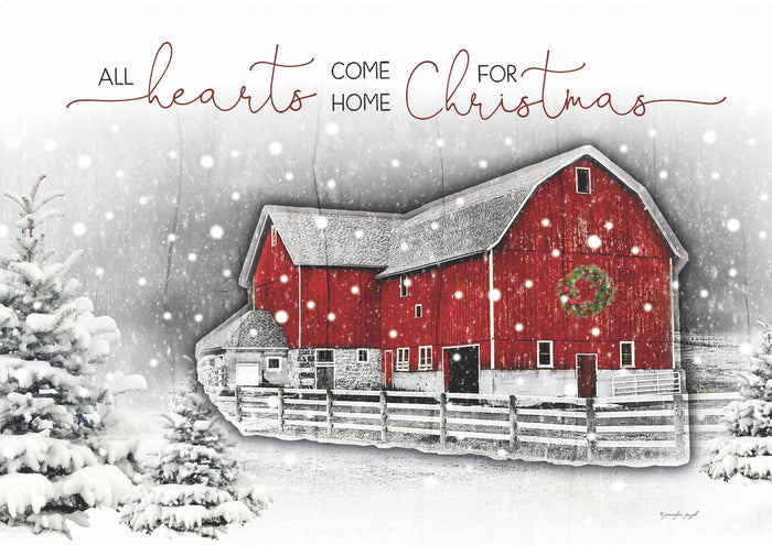 Red barn with a wreath on a snowy landscape, text 'All hearts come home for Christmas'.