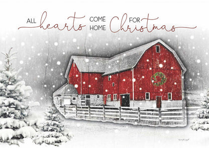 Red barn with a wreath on a snowy landscape, text 'All hearts come home for Christmas'.