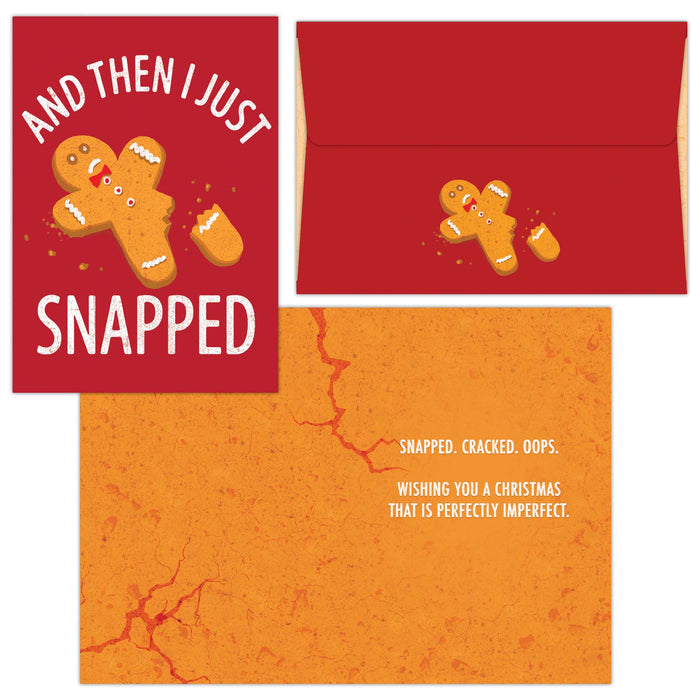 Greeting card with a cracked gingerbread man illustration and humorous text on a red and orange background.
