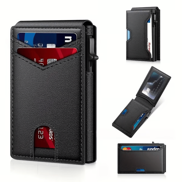 üí•üéÅ Slim Wallet for Men with Pop-Up Aluminum Case, RFID Blocking  Minimalist Leather Bifold Card Holder