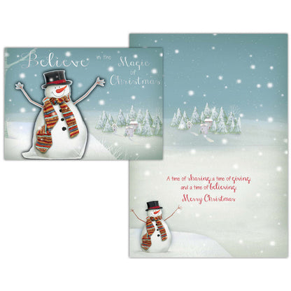 Two Christmas cards with snowmen and festive text on a snowy landscape background.