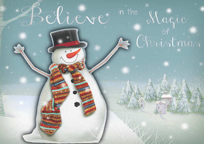 Snowman with a colorful scarf and top hat against a snowy landscape with trees and a house, text 'Believe in the Magic of Christmas' above.