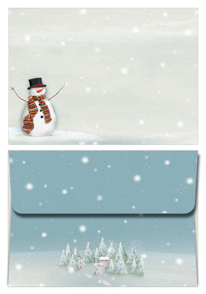 Snowman with a scarf and top hat on a snowy background, with a matching envelope featuring a winter scene.