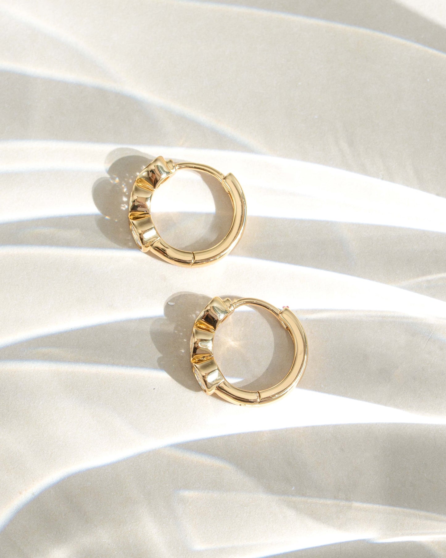 Bezel 3 Stone Huggie Hoop Earrings