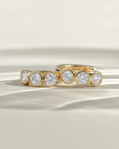 Bezel 3 Stone Huggie Hoop Earrings