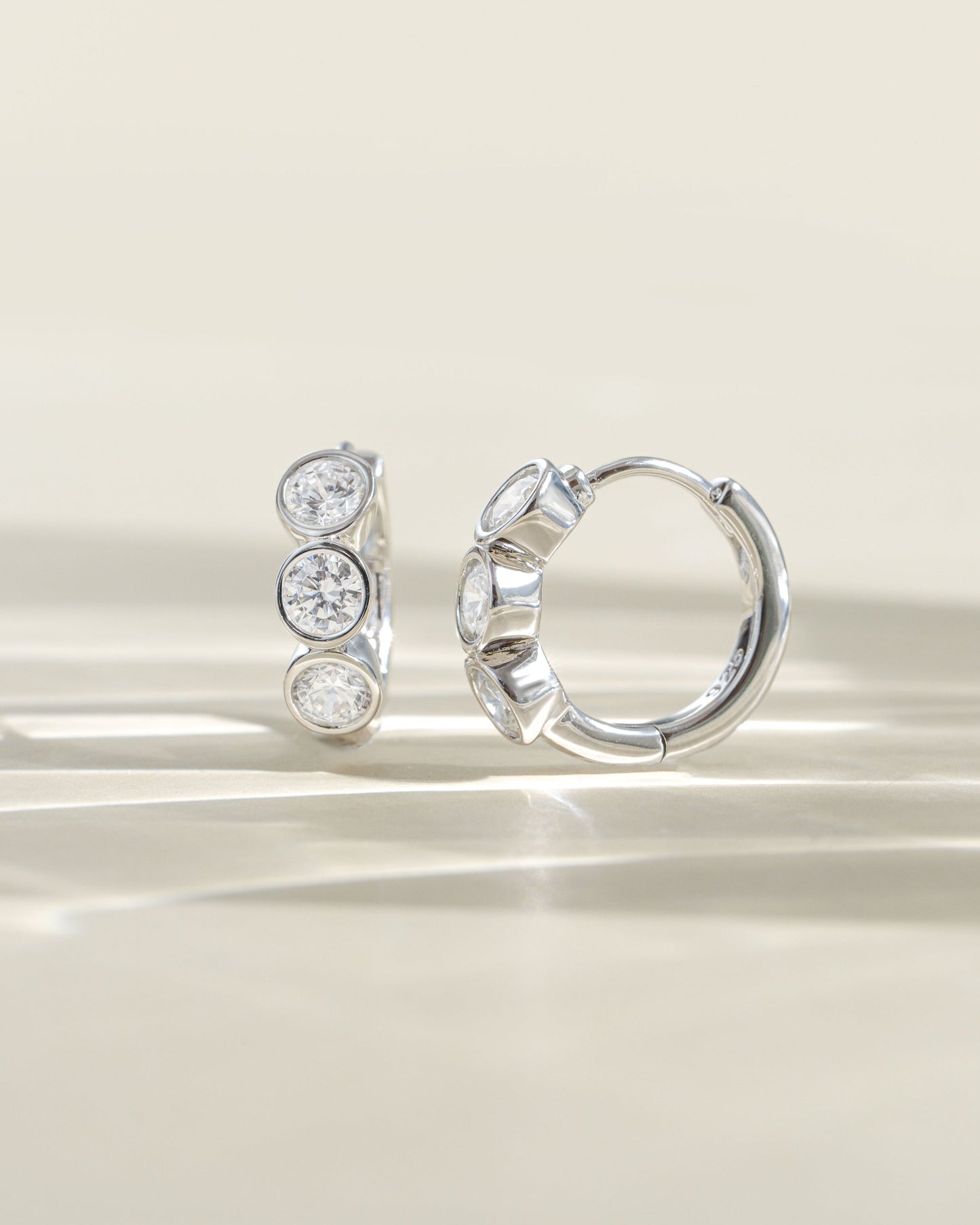 Bezel 3 Stone Huggie Hoop Earrings