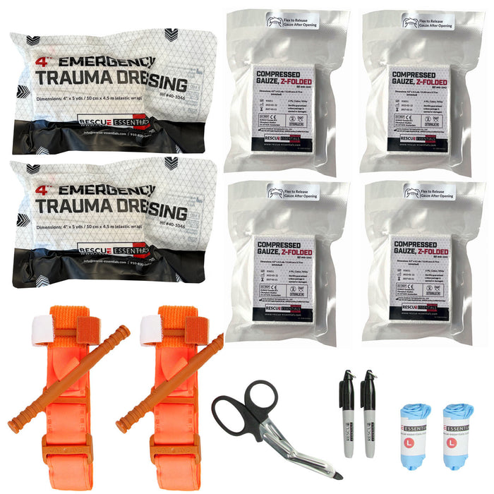 Bleeding Control Public Access kit by rescue essentials showing kit contents laid out, double kit