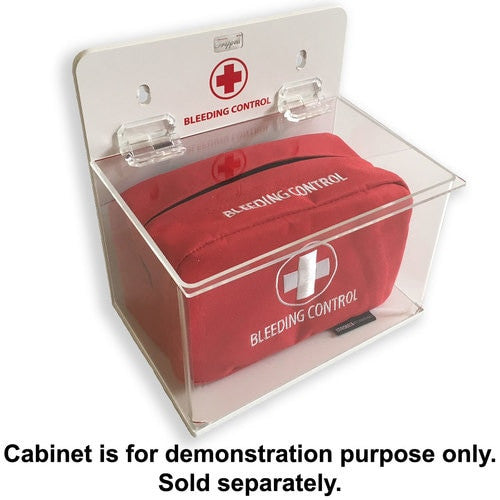 Bleeding Control Public Access kit by rescue essentials showing placement in Wall Mounted Cabinet which is not included, but is sold separately