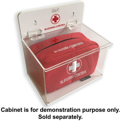 Bleeding Control Public Access kit by rescue essentials showing placement in Wall Mounted Cabinet which is not included, but is sold separately