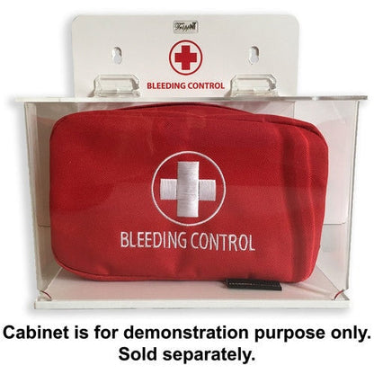 Bleeding Control Public Access kit by rescue essentials showing placement in Wall Mounted Cabinet which is not included, but is sold separately