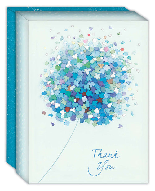 Greeting card with blue and multicolored heart design and 'Thank You' text on a white background