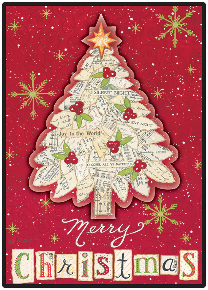 Christmas card with a tree made of sheet music on a red background with snowflakes.