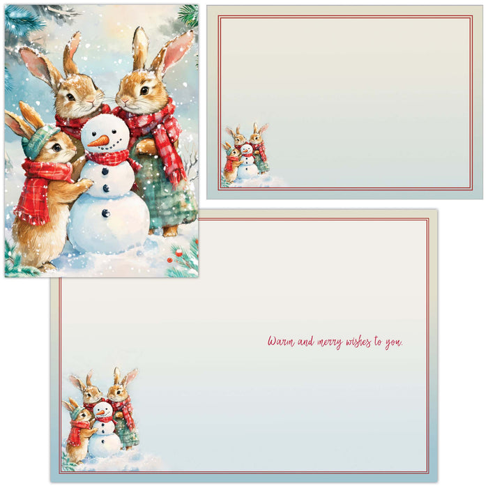 Set of Christmas cards with rabbits and a snowman, featuring a snowy landscape and text.