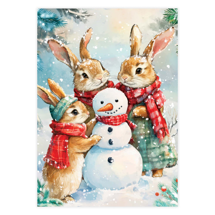 Three rabbits with a snowman in a snowy scene